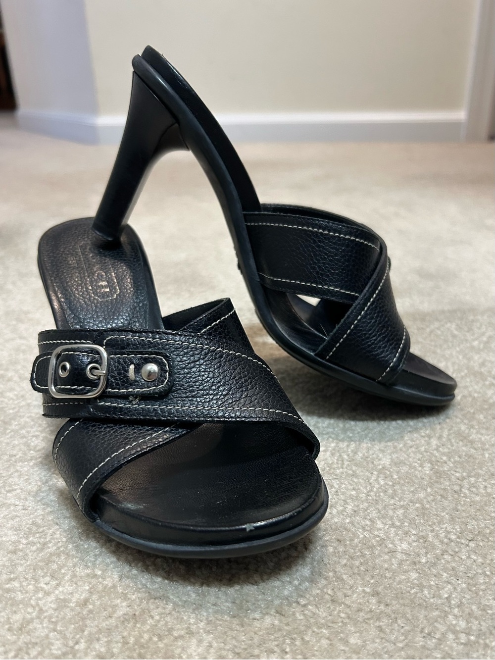 COACH Women’s Black Leather Slide Heels with Silver Buckle Accent. Size 8. $65
